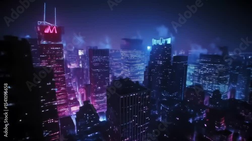 Vibrant cyberpunk-themed city at night with purple and neon lights