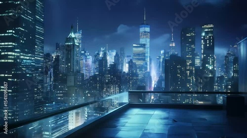 High-rise city buildings with reflection in infinity pool at twilight