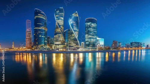 Blue hour over futuristic skyscrapers with water reflection