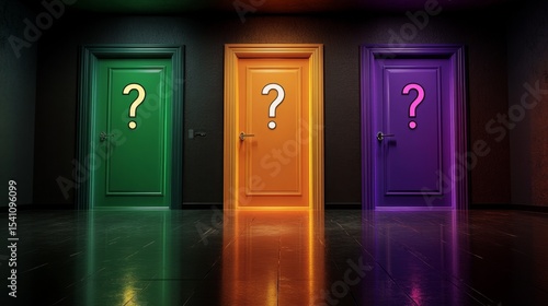 Surreal hallway with three vibrant doors, purple, green, orange, glowing question marks, reflective floor, mysterious black background