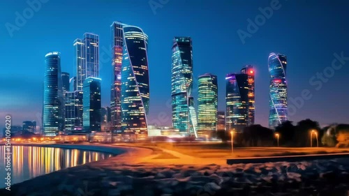 Urban nightscape with colorful skyscrapers and mirrored river