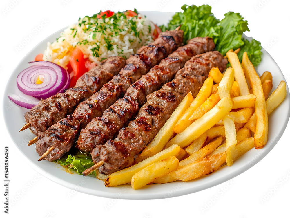 Delicious Adana Kebab Skewers with French Fries and Rice on a White Plate Isolated Delicious Adana Kebab Skewers with French Fries and Rice on a White Plate Isolated