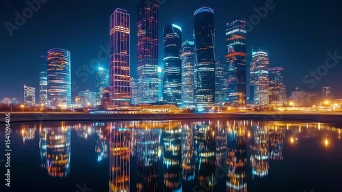 Vibrant city skyline and river reflections at golden hour