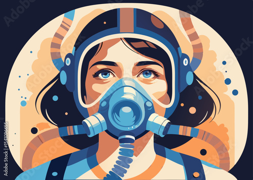 Woman in astronaut helmet, breathing apparatus, illustrated portrait, for science and technology, with copy space