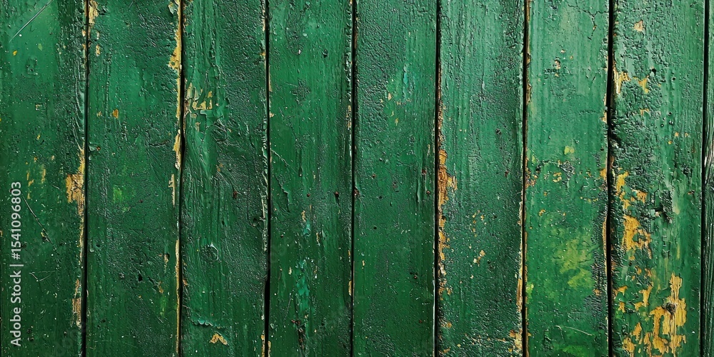 A weathered green wooden fence with peeling paint and yellow patches, set against a dark background. A weathered green wooden fence with peeling paint and yellow patches, set against a dark background.