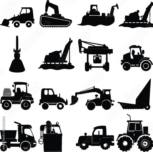 "Construction and Heavy Machinery Silhouette Icon Set Featuring Tractors, Bulldozers, Excavators, Loaders, and Utility Vehicles"