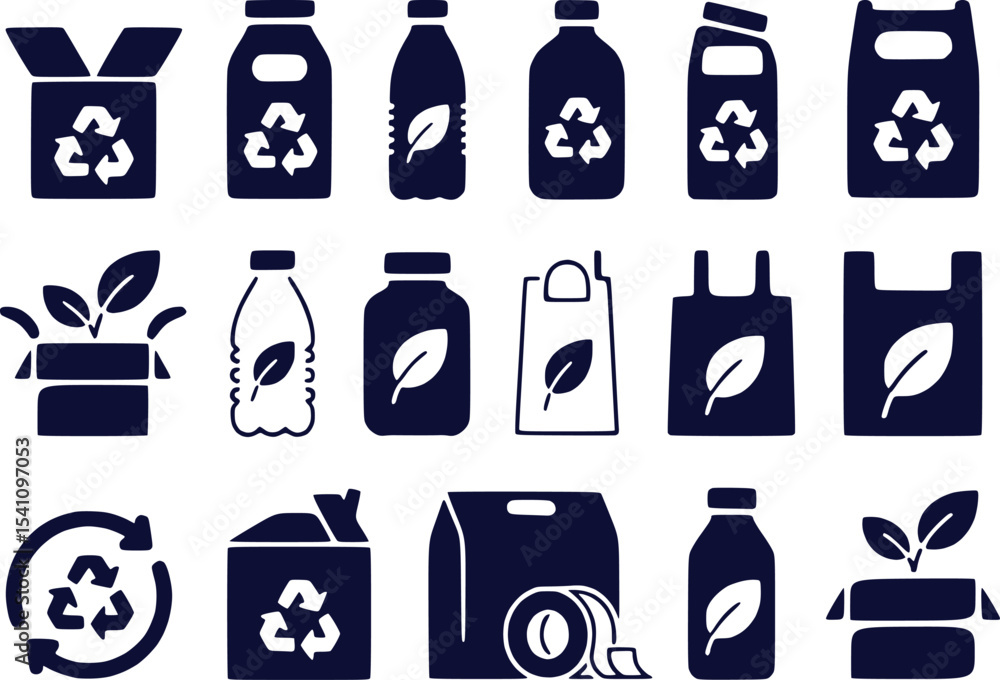 Fototapeta premium Eco-Friendly Packaging Icons Collection Illustrating Sustainable Practices and Environmental Responsibility for a Greener Future with Biodegradable Materials