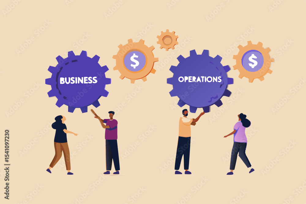 Business Operations and Teamwork Concept with People and Gears Showing Collaboration and Financial Success in a Flat Design Business Operations and Teamwork Concept with People and Gears Showing Collaboration and Financial Success in a Flat Design