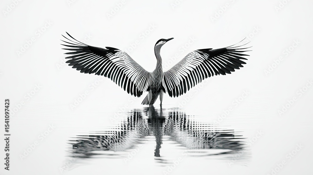 Obraz premium Monochrome Majesty: Great Blue Heron Embracing the Sky with Open Wings Reflecting in Water