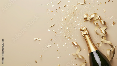 Champagne bottle with gold ribbon and confetti celebration background