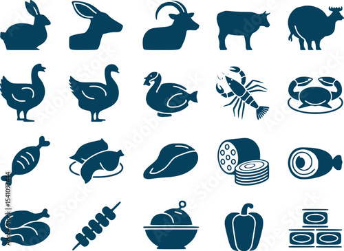 Culinary Iconography Diverse Selection of Protein Sources Vegetables and Prepared Dishes Represented in Detailed Blue Silhouettes Against a White Backdrop