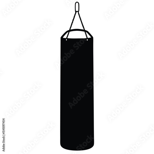 Black punching bag hangs isolated on white background in a studio shot