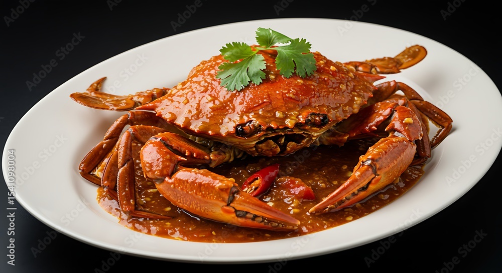 A whole mud crab, served on a deep white platter, covered in a thick, sweet and savory tomato and chili sauce. Garnished with cilantro leaves. A whole mud crab, served on a deep white platter, covered in a thick, sweet and savory tomato and chili sauce. Garnished with cilantro leaves.