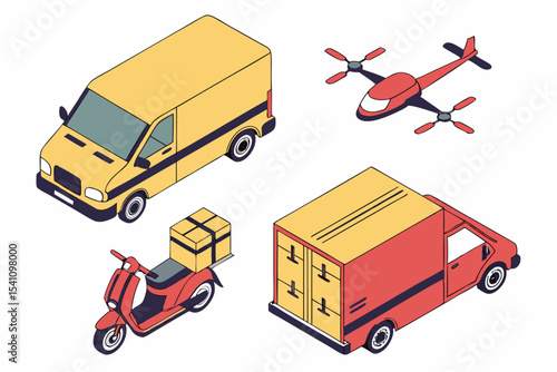 Isometric delivery vehicles vector illustration featuring van truck scooter and drone for logistics service