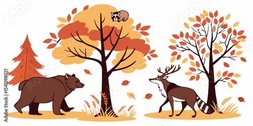 Autumn forest animals illustration with bear deer and raccoon in fall season vector artwork scene design