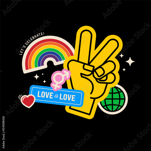 LGBTQ Pride month sticker set and diversity concept. Rainbow flag and hand gesture icon