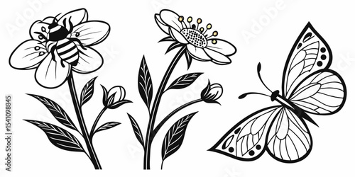 Vector art of butterfly bee and flower illustration for nature themed designs and creative projects needs vector design