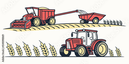 Farm equipment agriculture tractor and combine harvester farming illustration vector design graphic asset