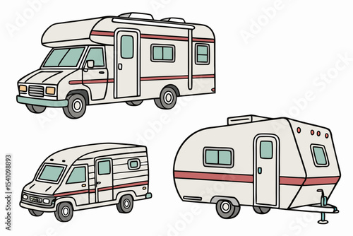 Illustration of recreational vehicles travel trailers and camper vans for camping and road trip adventures vector design