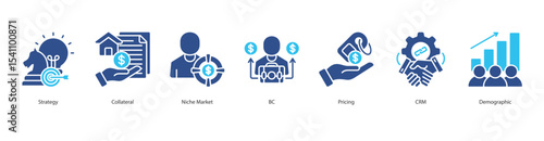 Targeted Marketing Strategy banner web icon set vector illustration concept with icon of strategy, collateral, niche market, b2c, pricing, crm, demographic