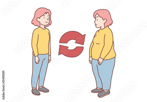 Young smiling fit slim woman and depressed overweight fat woman standing towards each other feeling different. Overweight and getting loose concept. Hand drawn style vector design illustrations.