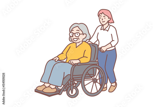 Young women going and riding positive mature woman on wheelchair disabled person outdoors on day. Taking care of disabled elderly people concept. Hand drawn style vector design illustrations.