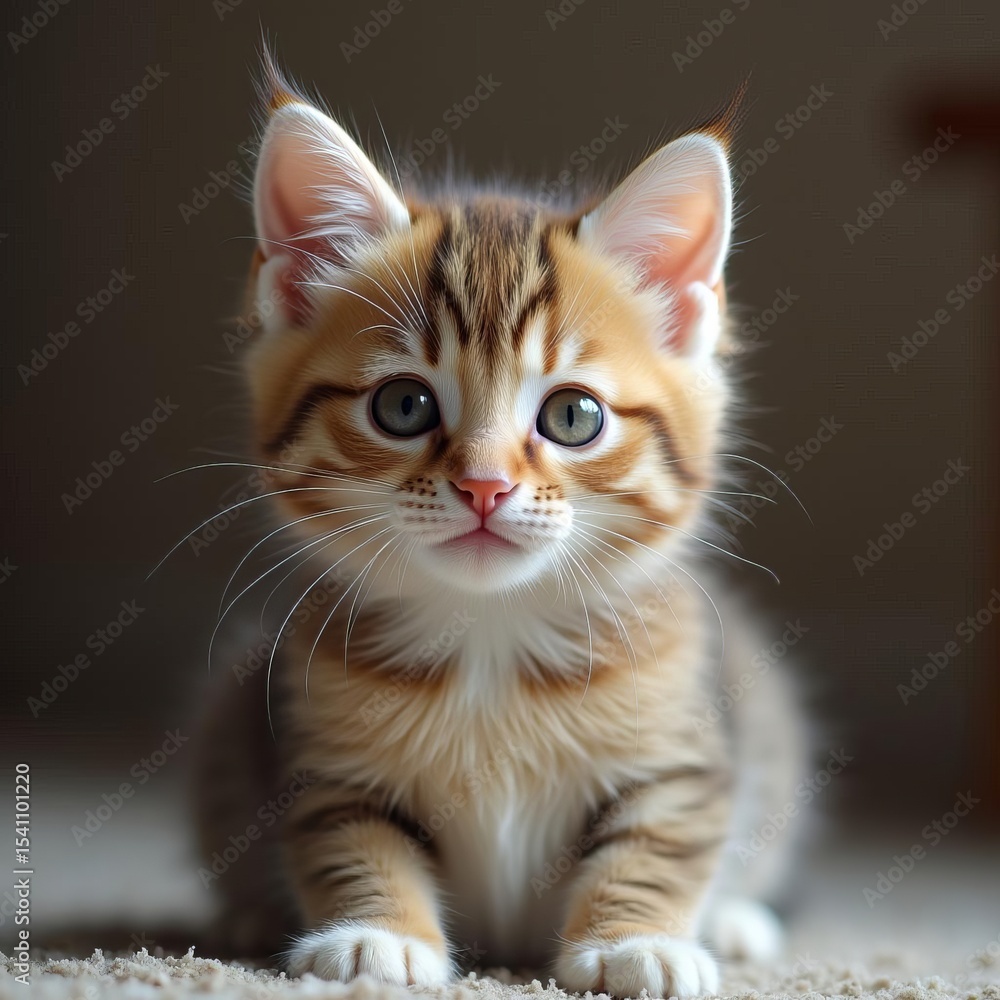 Fototapeta premium Cute cat on the white floor with adorable eyes and soft fur looking at the camera