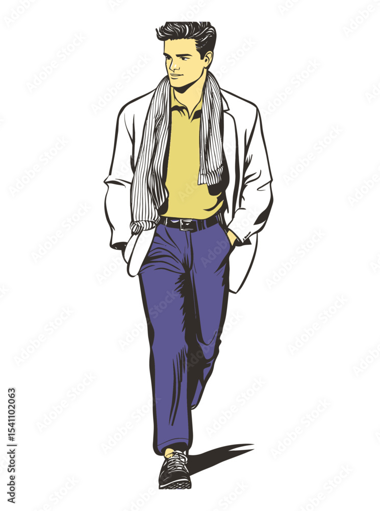 Stylish Man Walking in Chic Outfit with Scarf and Casual Look Stylish Man Walking in Chic Outfit with Scarf and Casual Look