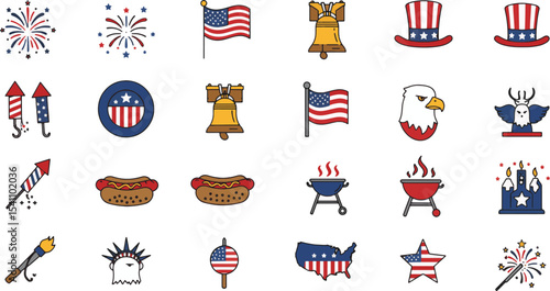 Patriotic American Icons Fireworks, Flag, Eagle, Liberty Bell & More
