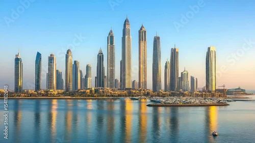 Luxurious Dubai waterfront skyline at sunset