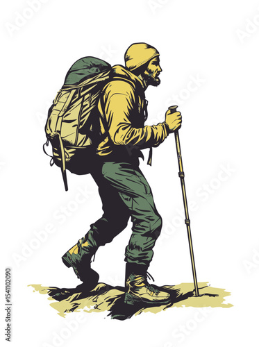 Adventurous Hiker Ascending Trail with Backpack and Walking Stick
