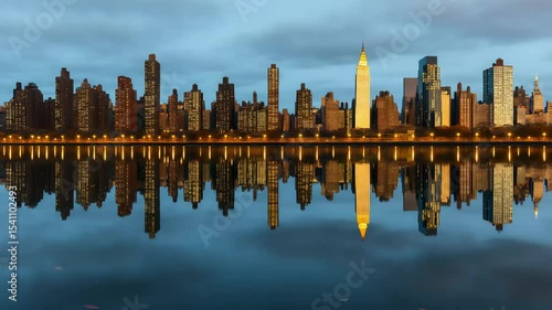 Symmetrical reflection of Manhattan skyline at dusk