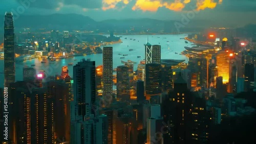 Twilight skyline of futuristic city with illuminated skyscrapers