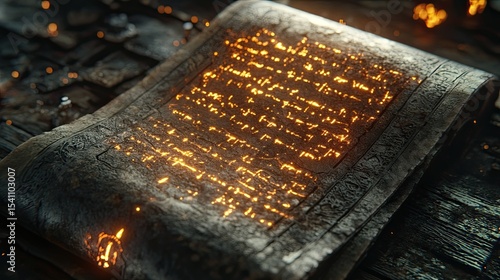 Close-up of an ancient scroll with glowing runes and intricate writing in a medieval fantasy setting. 
