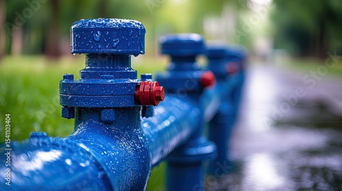 Close-up of blue water main pipe with air hose and isolated red product in park setting. 