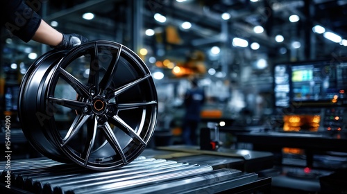 Factory worker handling a dark alloy wheel