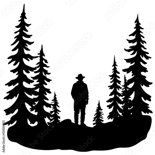 Silhouette of a forest ranger standing among trees, forest conservation