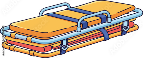 Cartoon illustration of a folded orange and red emergency medical stretcher
