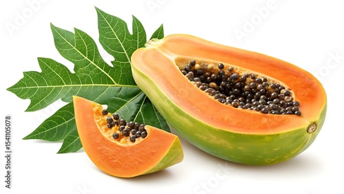 Papaya on a white background, One whole ripe papaya with green leaf