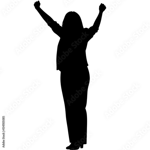 Empowered woman silhouette raising fist, black and white concept