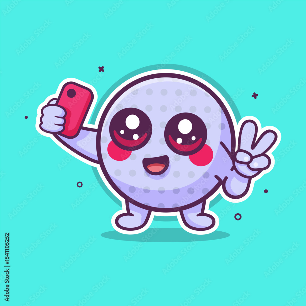 Fototapeta premium smiling golf ball character mascot taking a selfie with a smartphone isolated cartoon 
