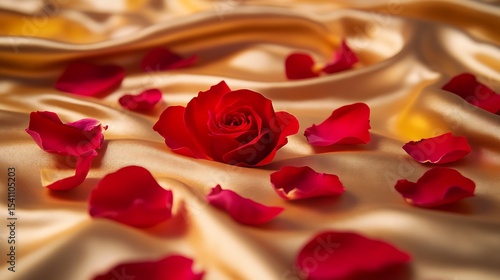 Scattered red rose petals on an elegant golden satin cloth softly glowing under warm lighting