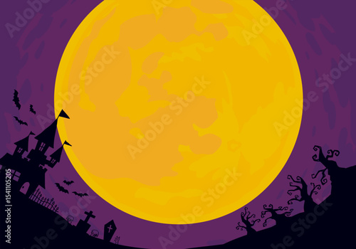 満月の夜に洋館・墓地・枯れ木の森のシルエットがある手描きのハロウィン背景