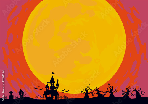 満月の夕闇に洋館・墓地・枯れ木の森のシルエットがある手描きのハロウィン背景