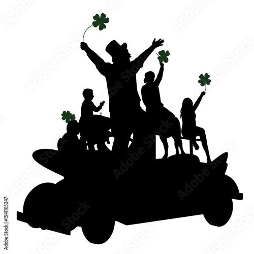 Joyful celebration on St. Patrick's Day parade float with shamrocks, festivity