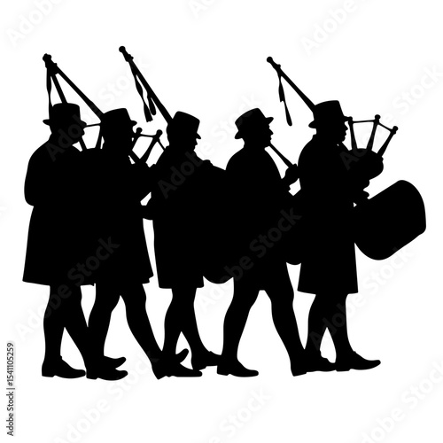 Silhouette of marching band playing bagpipes and drums, St. Patrick's Day