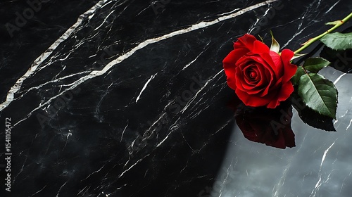 Single red rose resting on a smooth black marble surface with subtle reflections