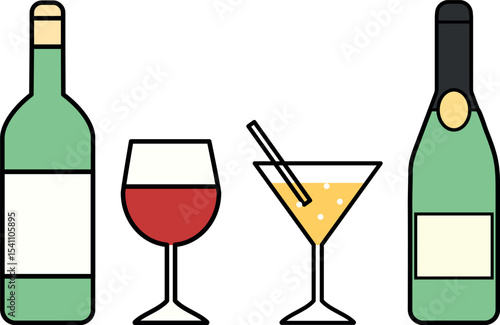 お酒、ワインとシャンパンとグラスのベクターアイコンセット