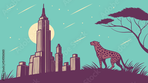 Cheetah Gazing at a Retro Styled Metropolis Skyline under a Teal Sky cityscape skyscraper