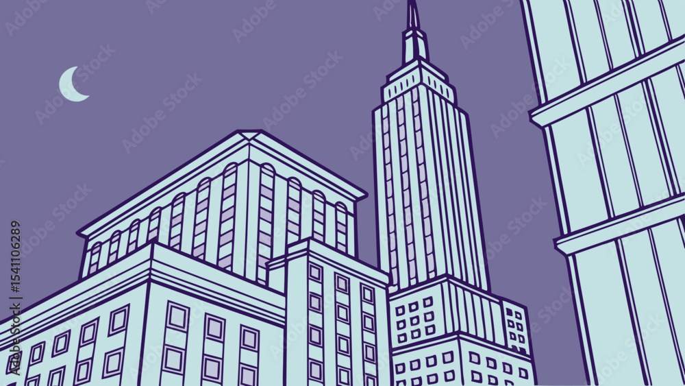 Fototapeta premium Neon Metropolis Night Scene Pale Blue Skyscrapers Crescent Moon Art Deco Style Building Facades cityscape